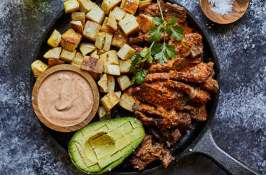 adobo roast beef with yucca and chipotle cream