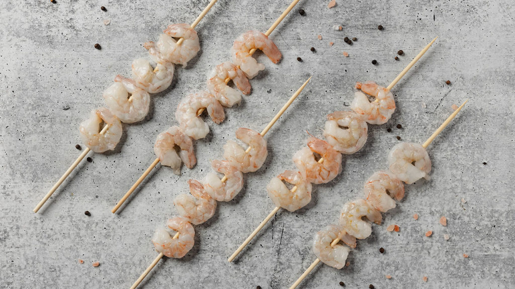 wild caught raw shrimp on skewers