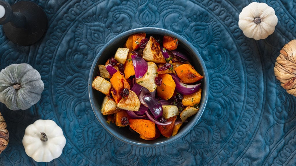 chopped roasted veggies in a bowl