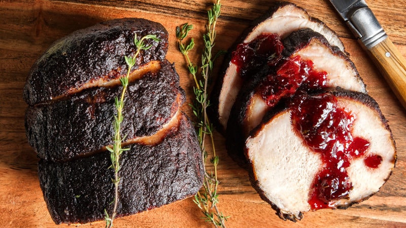 cocoa spiced pork loin with sour cherry sauce