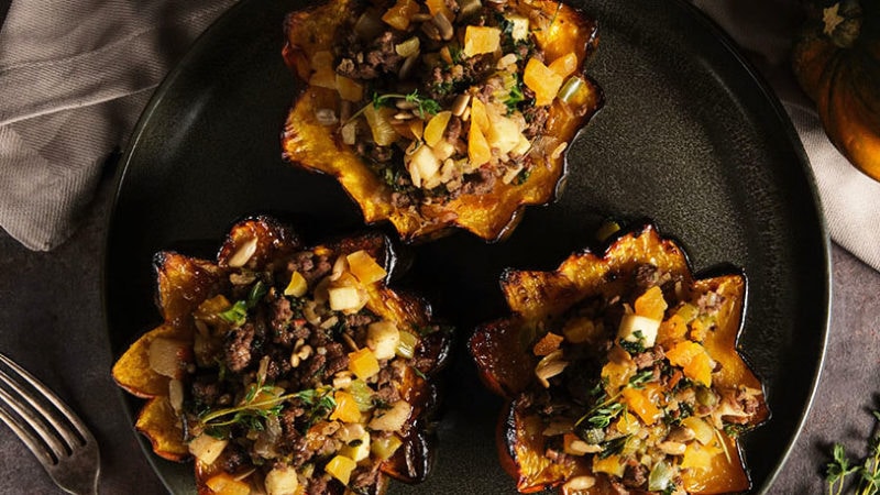 bison and veggies stuffed in squash