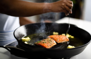seafood in a cat iron pan with butter
