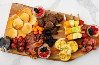 brunch with pancakes sausage eggs and bacon