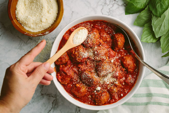 Marinara meatballs in a bowl ready to eat.