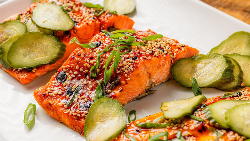 glazed salmon and homemade cucumber pickles