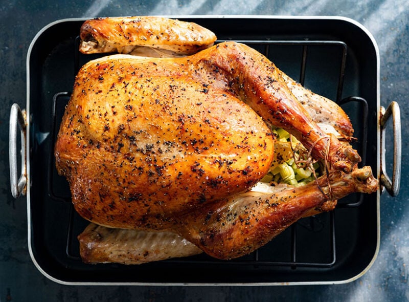 cooked turkey in a roasting pan