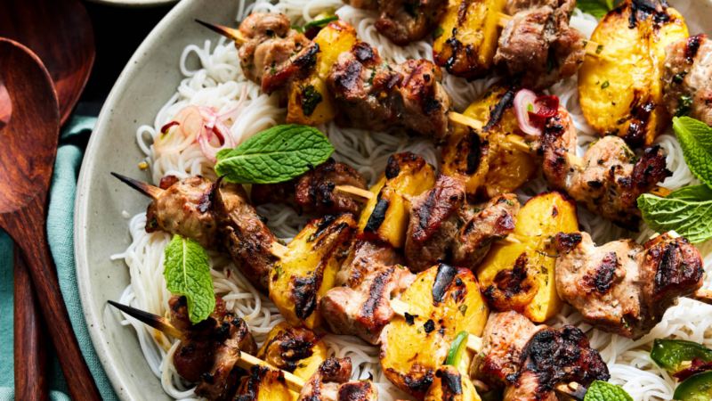 Grilled pork and stone fruit skewers