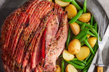 ham with snap peas and potatoes on a plate