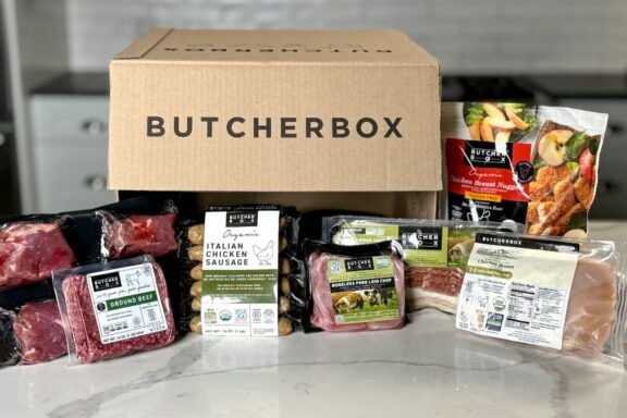 ButcherBox product sprawled on a kitchen counter.